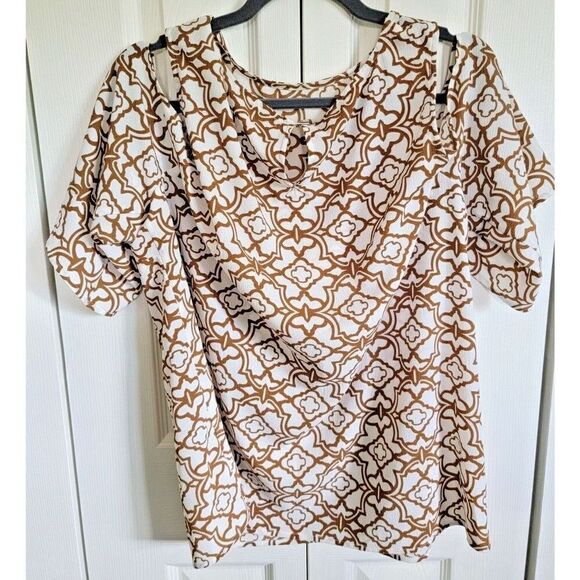 Chico's 2 Blouse Top Cold Shoulder Button Front‎ Brown/Off White SS - Picture 2 of 6
